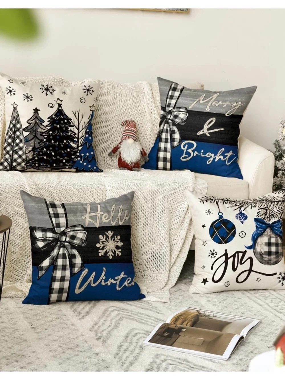 4 Holiday Throw Pillow Covers - Blue, Black & White, burlap feel, NWOT
